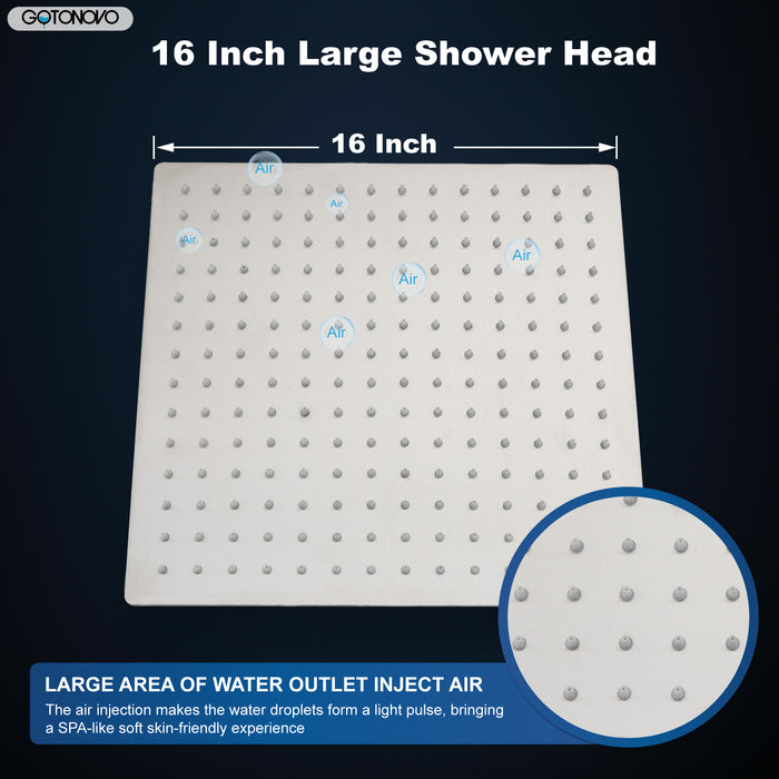 gotonovo 16'' Rain Showerhead 16 Inch HIGH Pressure Square Stainless Steel 1/16" Ultra Thin Rain Large Shower Head Waterfall Full Body Coverage with Silicone Nozzle Swivel Connector