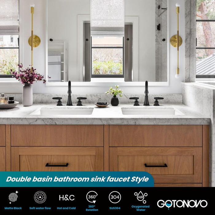 gotonovo 8 Inch Vanity Basin Faucet Dual Handle Deck Mount 3 Hole Bathroom Faucet with Pop Up Drain and Water Supply Hoses Widespread Lavatory Sink Faucet Hot and Cold Mixer Tap