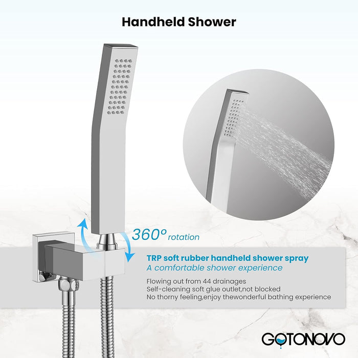 gotonovo Rain Shower Combo Set with Thick Waterfall Tub Spout,Square Rainfall Shower Head with Handheld Spray Wall Mounted Pressure Balance Rough-in Valve and Trim Included