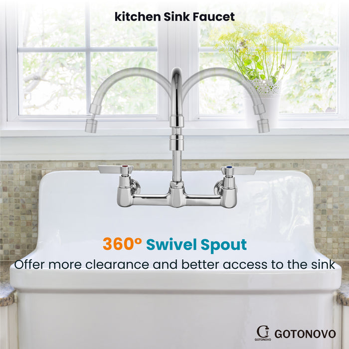 gotonovo 8 Inch Center Wall Mount 360 Degree Swivel Spout Double Handles Kitchen Sink Faucet Kitchen Commercial Sink Utility Laundry Sink Mixer Tap