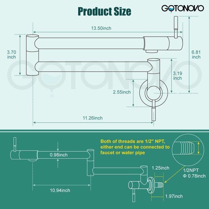 gotonovo Pot Filler Kitchen Faucet Stainless Steel SUS304 Two Cross Ha