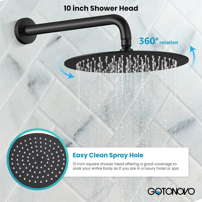 gotonovo 10’’ Wall Mount Shower System Round Rain Shower Head Combo Set with 4pcs Body Spray Jets and Brass Handheld Shower High Pressure Rough-in Valve and Trim Included