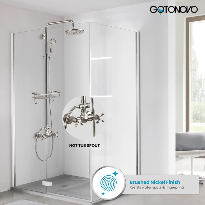 gotonovo Exposed Bathroom Shower Faucet Wall Mounted Shower System Dual Functions 8 inch Wall Mounted with Shower Shelf Double Cross Handles Adjustable Handheld Sprayer