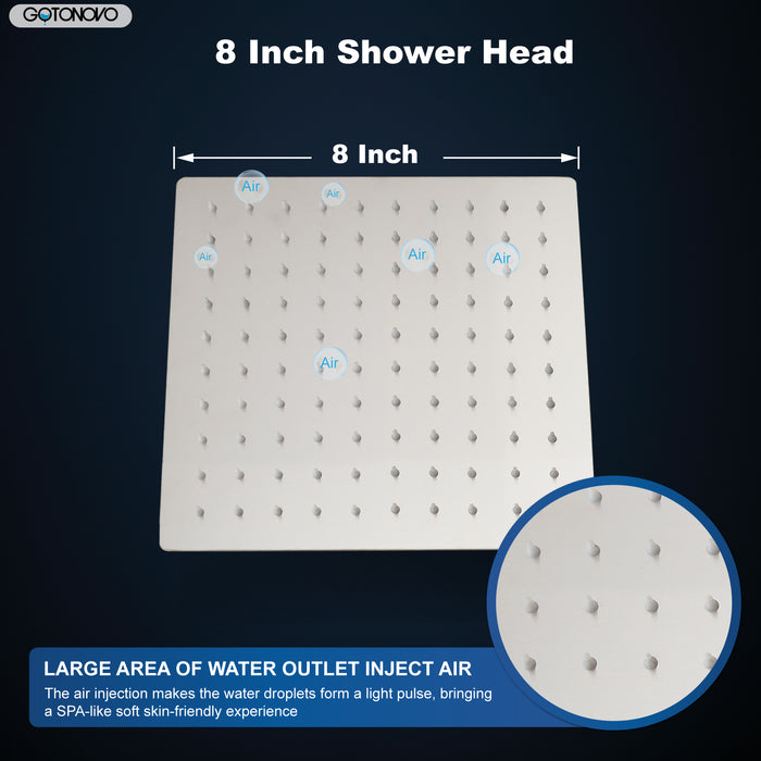 gotonovo 8 Inch Rainfall Showerhead Square Stainless Steel Rain Shower Head High Pressure Waterfall Crackproof Coverage with Silicone Nozzle 1/16" Ultra Thin Design Swivel Connector