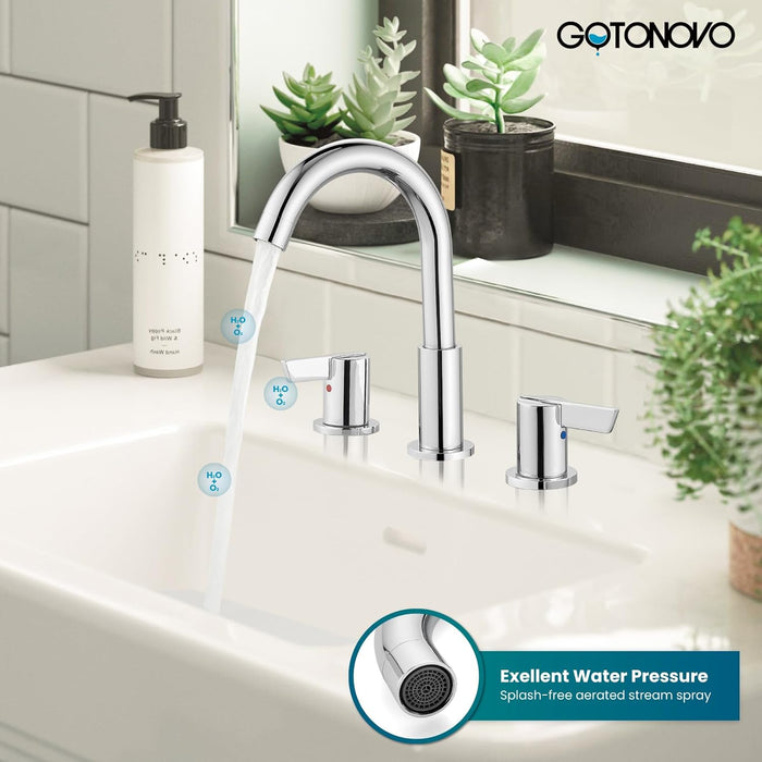 gotonovo 3 Hole Deck Mount 2 Handles Lavatory Basin Bathroom Sink Faucet with Pop Up Drain with Hot and Cold Mixer Valves 8 Inch Widespread Bathroom Faucet Low-Arch 360° Rotation Spout