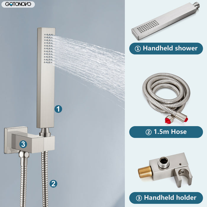 gotonovo Shower System 12 Inch Square Shower Head with Handheld Shower and Waterfall Tub Spout Wall Mount Rainfall Shower Faucet Rough-in Valve 3 Function Shower Combo Set