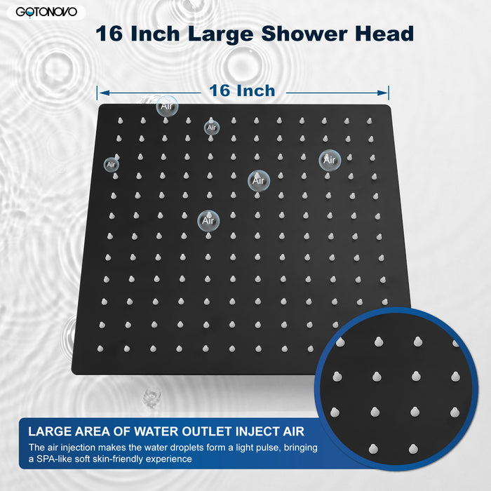 gotonovo 16'' Rain Showerhead 16 Inch HIGH Pressure Square Stainless Steel 1/16" Ultra Thin Rain Large Shower Head Waterfall Full Body Coverage with Silicone Nozzle Swivel Connector