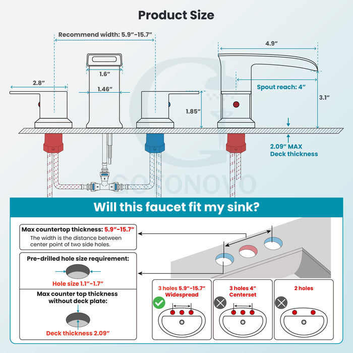 gotonovo Widespread Waterfall Bathroom Faucets for Sink 3 Hole 8 Inch Farmhouse Sink Faucet Set Waterfall Faucet Lavatory 2 Handles and Supply Lines Mix Tap