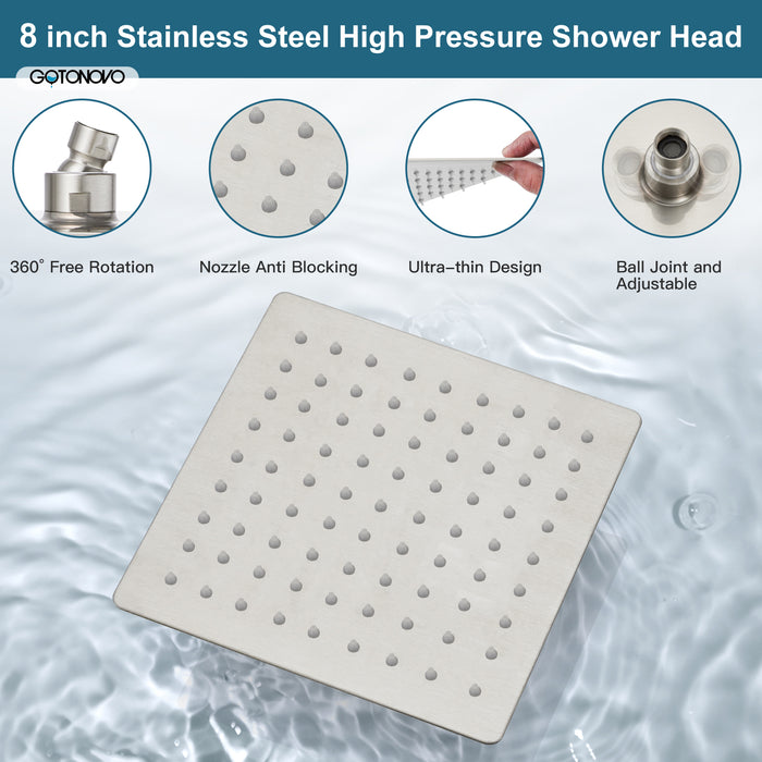 gotonovo Wall Mount Shower Faucet Rain Shower System Set 8 Inch Square High Pressure Showerhead with Trim and Hand Sprayer Rough-in Valve Body Included Mixer Shower Combo Set Bathroom