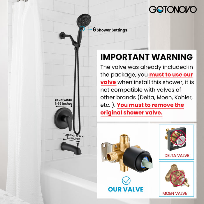 gotonovo Bathroom Shower Head Kit High Pressure Combo System Shower Faucet 6 Modes ABS Handheld Spray Shower Trim Kit Valve Included Shower Head and Handle Set Matte Black