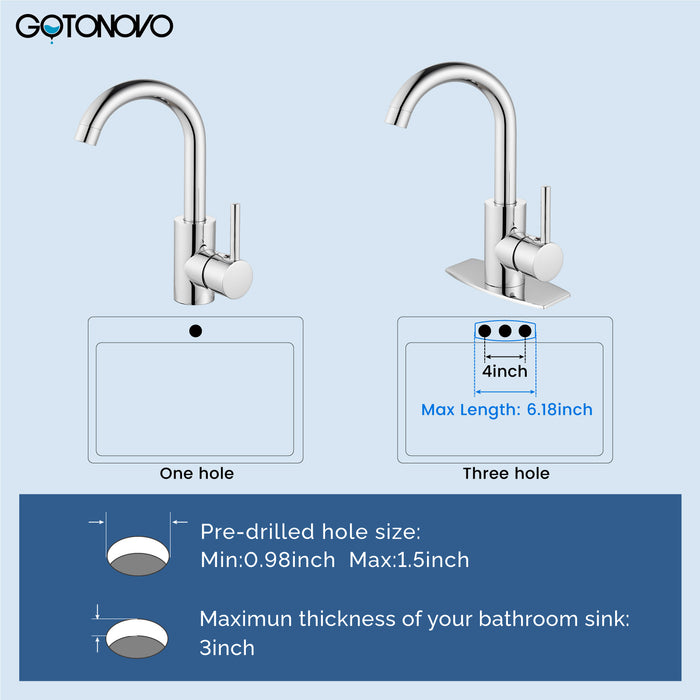 gotonovo Bar Sink Faucet Single Hole Bathroom Kitchen Small RV Sink Faucet Deck Mount SUS304 Lavatory Mixer Tap Single Handle One Hole 360 Degree Swivel Spout Lavatory Sink Faucet