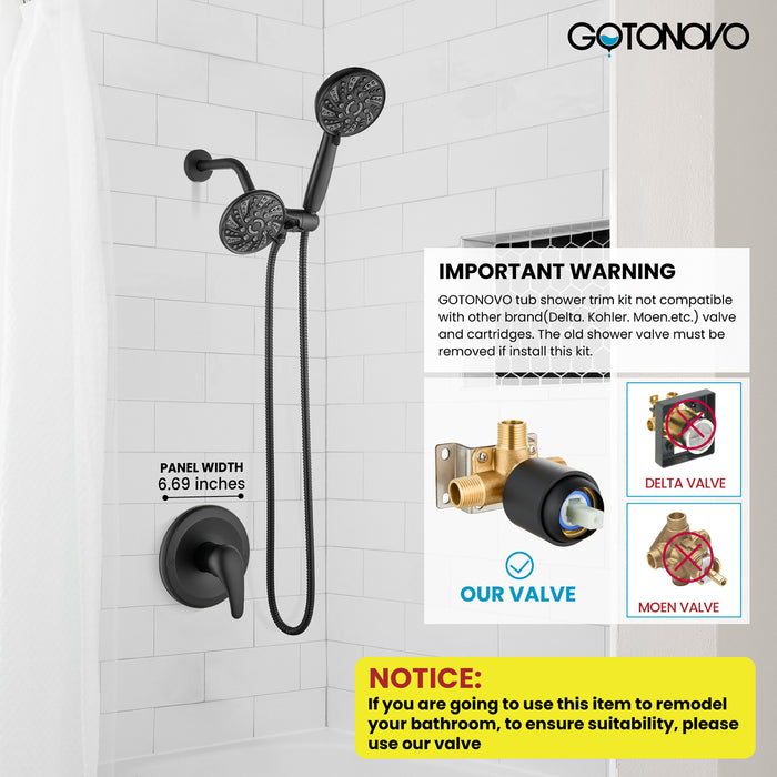 gotonovo Dual 2 in 1 Shower Head Kit High Pressure Combo System Shower Faucet 6 Modes ABS Handheld Spray Shower Trim Kit with Valve Shower Head and Handle Set Matte Black