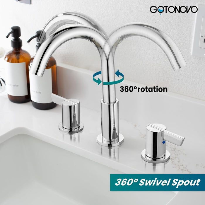 gotonovo 3 Hole Deck Mount 2 Handles Lavatory Basin Bathroom Sink Faucet with Pop Up Drain with Hot and Cold Mixer Valves 8 Inch Widespread Bathroom Faucet Low-Arch 360° Rotation Spout