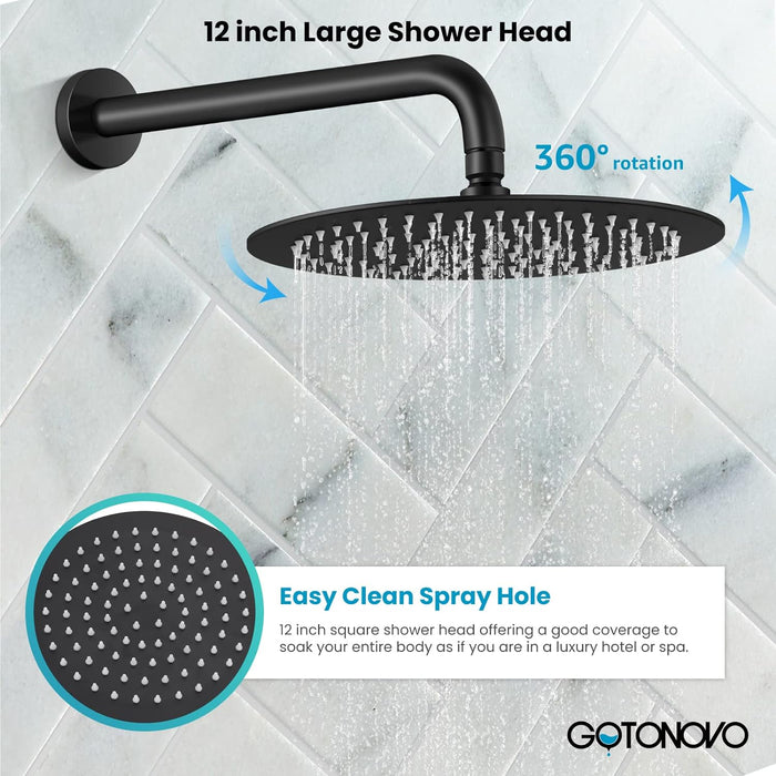 gotonovo Wall Mounted Round High Pressure Rain Shower Head with Body Jets With Round Handheld Shower and Full Body Spray Jet with Rough-in Valve