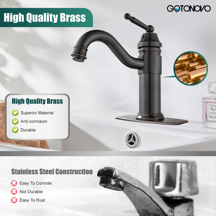 gotonovo Bathroom Sink Faucet Brass One Hole Single Handle Lavatory Fixture Deck Mounted Vanity Vessel Mixer Tap Pop Up Drain Included Hot and Cold Water