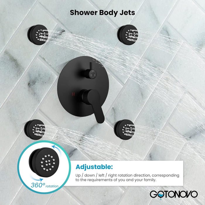 gotonovo Ceiling Mounted Shower Faucet System Rain Mixer with 12 inch Round Rainfall Shower Head with Body Spray Jets with Shower Combo Complete Set