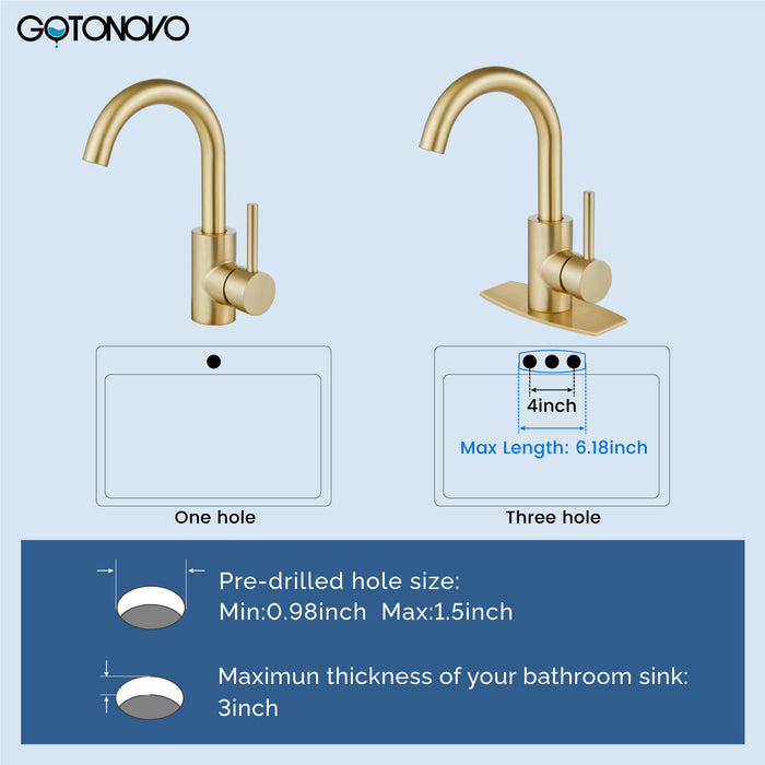 gotonovo Bar Sink Faucet Single Hole Bathroom Kitchen Small RV Sink Faucet Deck Mount SUS304 Lavatory Mixer Tap Single Handle One Hole 360 Degree Swivel Spout Lavatory Sink Faucet