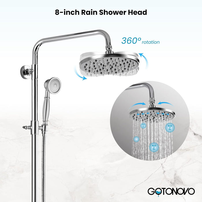 gotonovo Exposed Bathroom Shower Faucet Wall Mounted Shower System Dual Functions 8 inch Wall Mounted with Shower Shelf Double Cross Handles Adjustable Handheld Sprayer