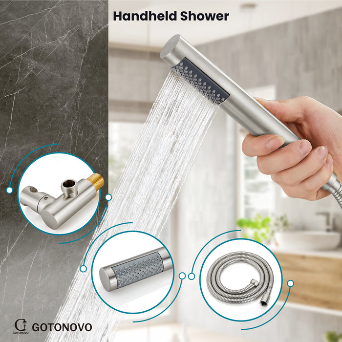 gotonovo 10 inch Round Rain Shower System with Tub Spout Wall Mounted Bathroom 3 Piece Mixer Shower Set Shower Head Combo with Rough in Valve Cylindrical Handheld