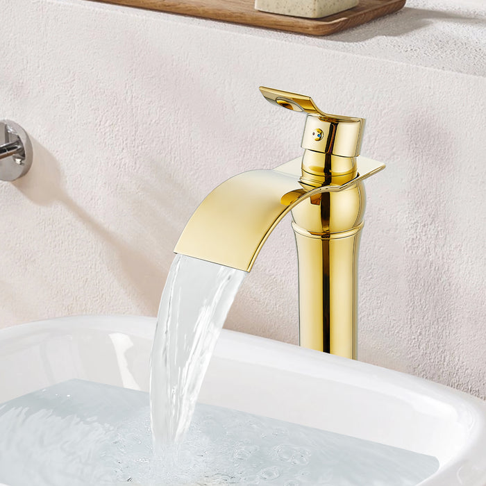 gotonovo Waterfall Vessel Sink Faucet for Sink 1 Hole,Single Handle Tall Bathroom Sink Faucet,Brass Waterfall Bathroom Faucet Arc Body Mixer Tap with Pop Up Drain and Supply Line