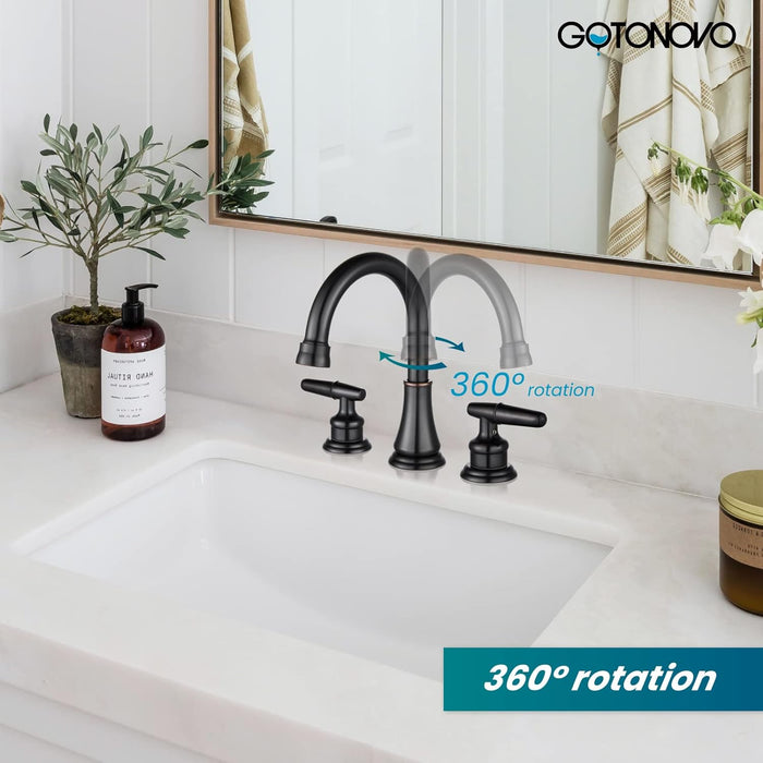 gotonovo 8 Inch Vanity Basin Faucet Dual Handle Deck Mount 3 Hole Bathroom Faucet with Pop Up Drain and Water Supply Hoses Widespread Lavatory Sink Faucet Hot and Cold Mixer Tap