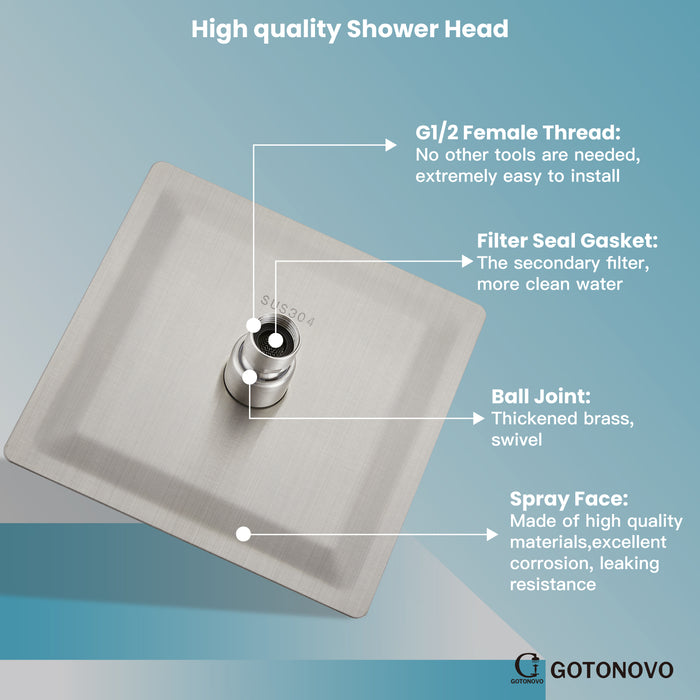 gotonovo Bathroom Rainfall Square Shower Head Ultra-Thin Design SUS304 Stainless Steel High Pressure 360 Degree Free Rotation