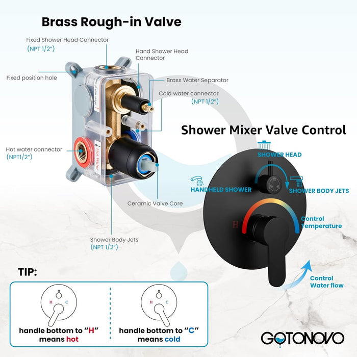 gotonovo 10’’ Wall Mount Shower System Round Rain Shower Head Combo Set with 4pcs Body Spray Jets and Brass Handheld Shower High Pressure Rough-in Valve and Trim Included