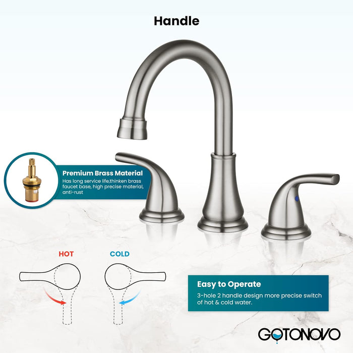 gotonovo 3 Hole Brushed Nickel Bathroom Faucet 8 Inch Vanity Sink Faucet Deck Mount Widespread Dual Handle Hot and Cold Lavatory Sink Faucet with Pop Up Drain and Water Supply Hoses