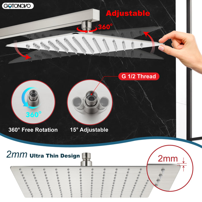 gotonovo Rainfall Showerhead 12 Inch Square Stainless Steel Rain Shower Head Waterfall High Pressure Crackproof Coverage with Silicone Nozzle 1/16" Ultra Thin Design Swivel Connector