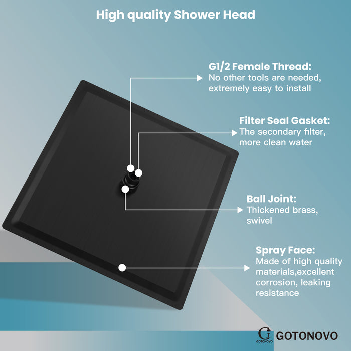 gotonovo Bathroom Rainfall Square Shower Head Ultra-Thin Design SUS304 Stainless Steel High Pressure 360 Degree Free Rotation