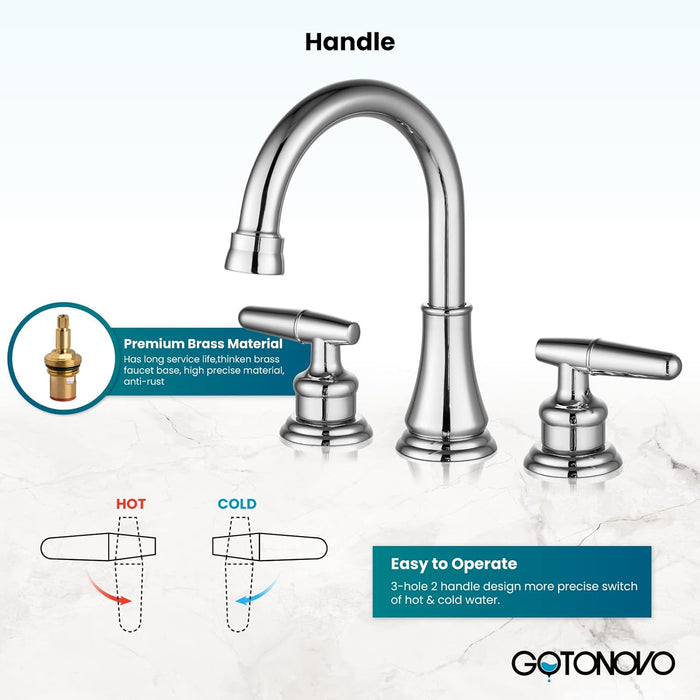 gotonovo 8 Inch Vanity Basin Faucet Dual Handle Deck Mount 3 Hole Bathroom Faucet with Pop Up Drain and Water Supply Hoses Widespread Lavatory Sink Faucet Hot and Cold Mixer Tap