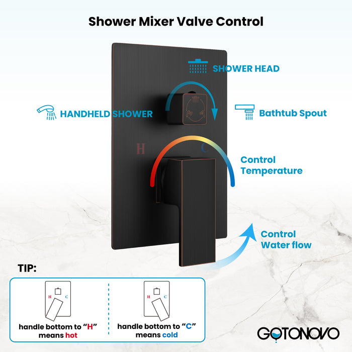 Gotonovo Regenmixer Douchekraan Set met Waterval Baduitloop 12 inch Vierkante Regendouche met Handsproeier Plafondmontage Drukbalans Ruwe klep en trim inbegrepen 