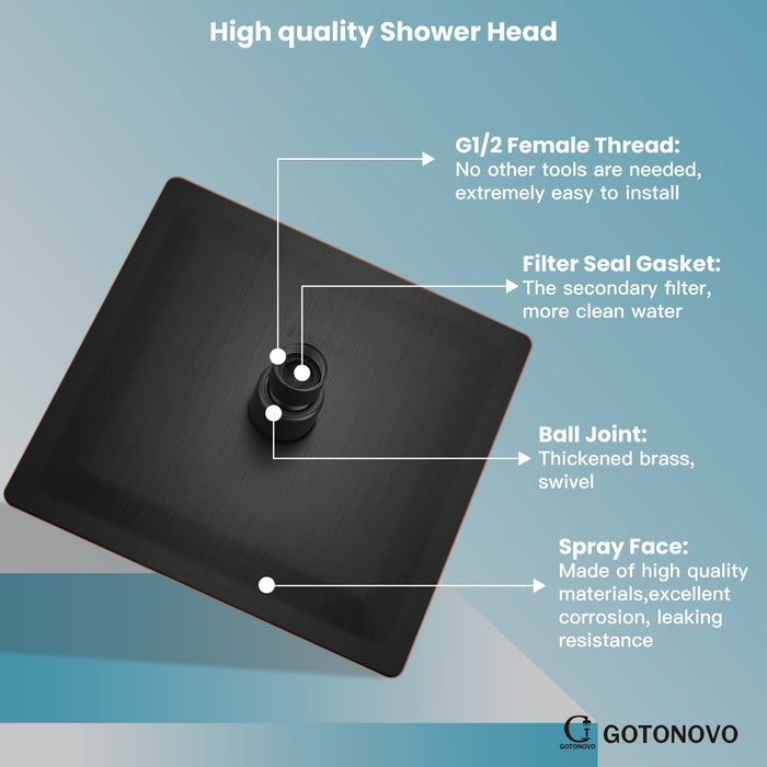 gotonovo Bathroom Rainfall Square Shower Head Ultra-Thin Design SUS304 Stainless Steel High Pressure 360 Degree Free Rotation