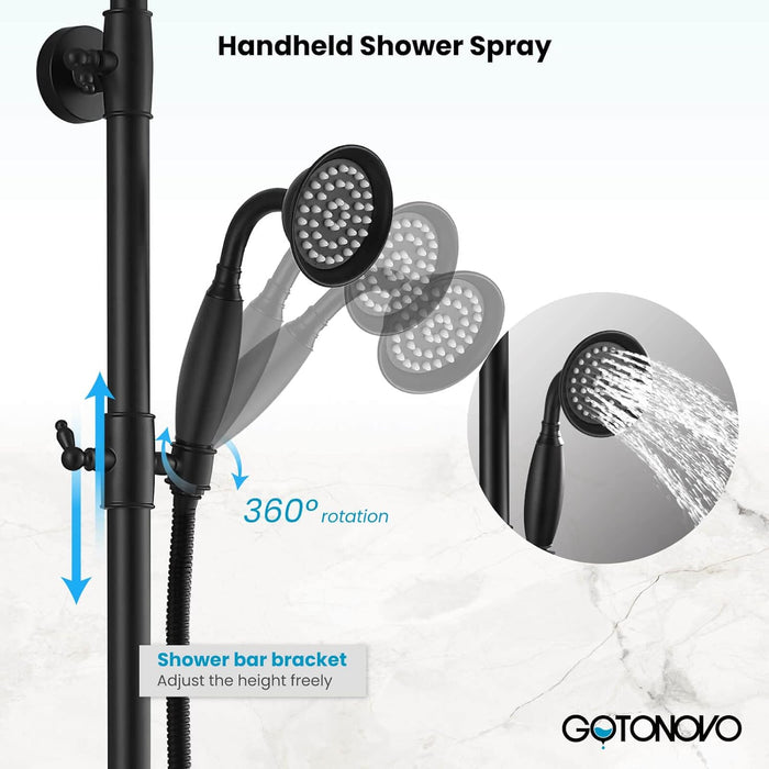 gotonovo 8 Inch Exposed Bathroom Shower System Round Shower Head with Adjustable Handheld Spray Wall Mounted Double Lever Handles Shower Fixture set Triple Function with Tub Spout