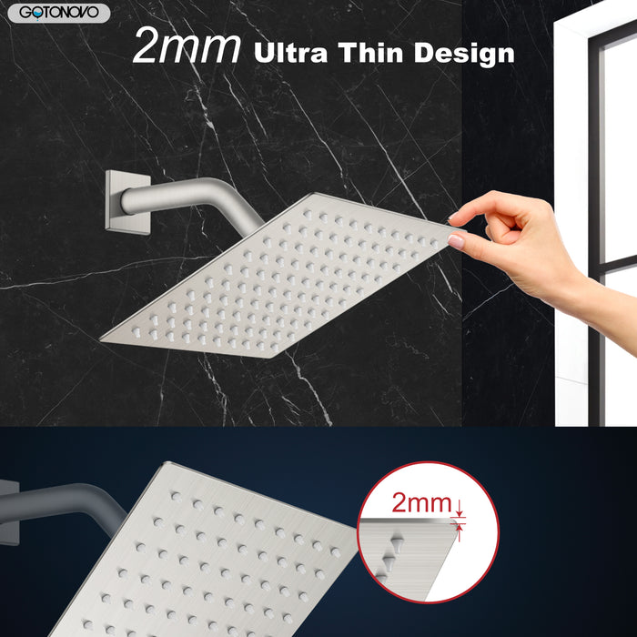 gotonovo 8 Inch Rainfall Showerhead Square Stainless Steel Rain Shower Head High Pressure Waterfall Crackproof Coverage with Silicone Nozzle 1/16" Ultra Thin Design Swivel Connector