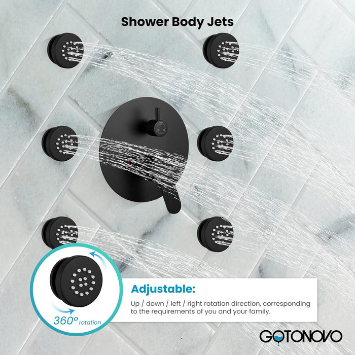 gotonovo Wall Mounted Round High Pressure Rain Shower Head with Body Jets With Round Handheld Shower and Full Body Spray Jet with Rough-in Valve