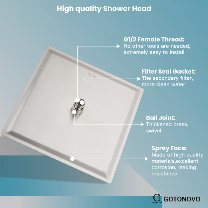 gotonovo Bathroom Rainfall Square Shower Head Ultra-Thin Design SUS304 Stainless Steel High Pressure 360 Degree Free Rotation