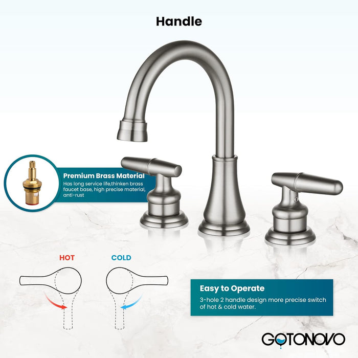 gotonovo 8 Inch Vanity Basin Faucet Dual Handle Deck Mount 3 Hole Bathroom Faucet with Pop Up Drain and Water Supply Hoses Widespread Lavatory Sink Faucet Hot and Cold Mixer Tap