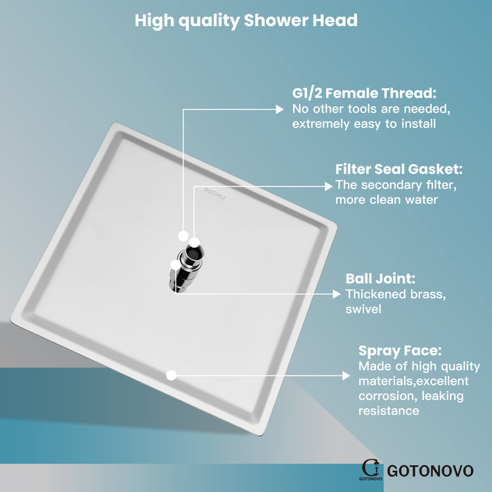 gotonovo Bathroom Rainfall Square Shower Head Ultra-Thin Design SUS304 Stainless Steel High Pressure 360 Degree Free Rotation