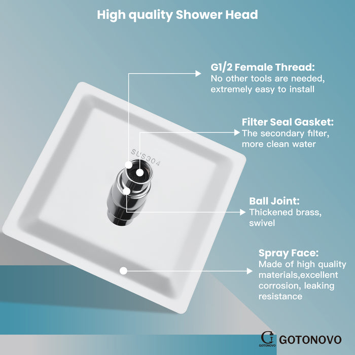 gotonovo Bathroom Rainfall Square Shower Head Ultra-Thin Design SUS304 Stainless Steel High Pressure 360 Degree Free Rotation