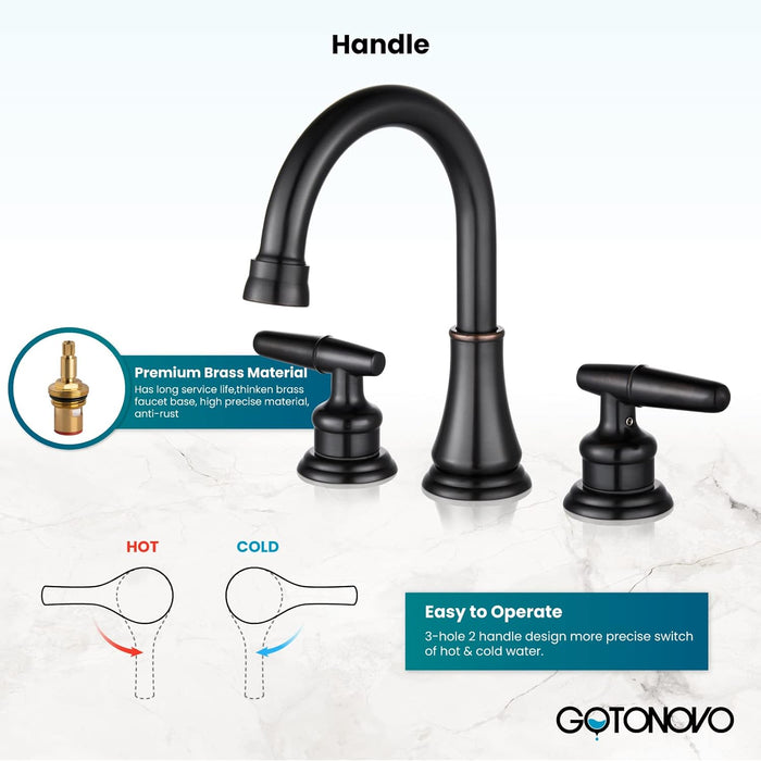 gotonovo 8 Inch Vanity Basin Faucet Dual Handle Deck Mount 3 Hole Bathroom Faucet with Pop Up Drain and Water Supply Hoses Widespread Lavatory Sink Faucet Hot and Cold Mixer Tap