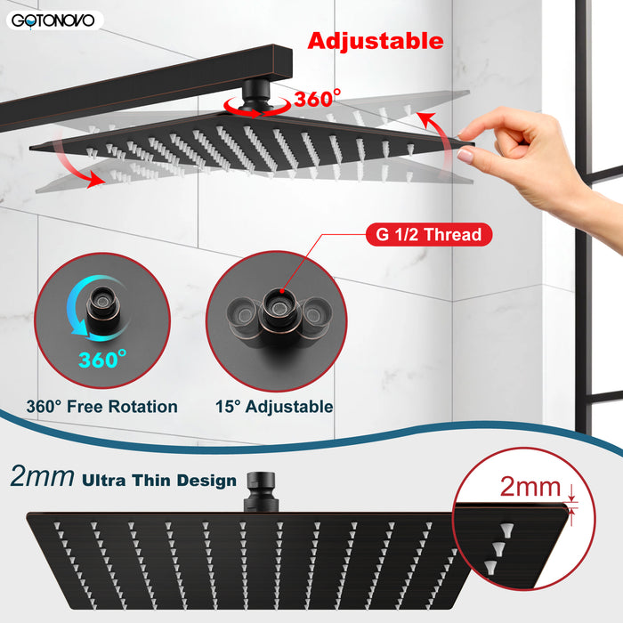 gotonovo Rainfall Showerhead 12 Inch Square Stainless Steel Rain Shower Head Waterfall High Pressure Crackproof Coverage with Silicone Nozzle 1/16" Ultra Thin Design Swivel Connector