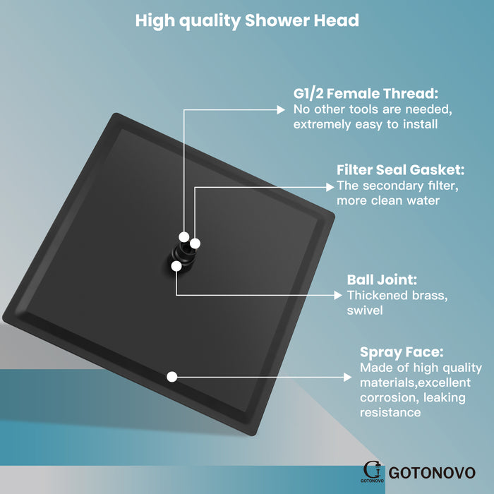 gotonovo Bathroom Rainfall Square Shower Head Ultra-Thin Design SUS304 Stainless Steel High Pressure 360 Degree Free Rotation