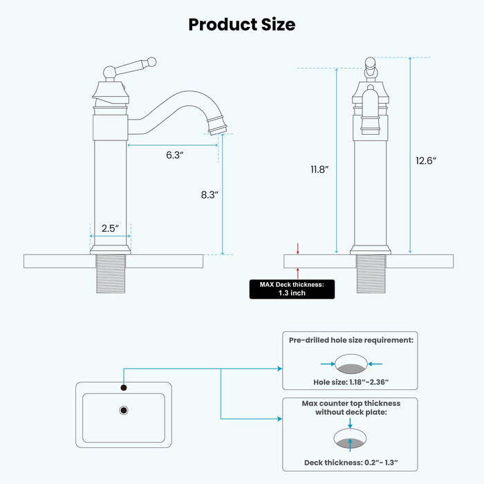 Messing wastafelkraan met enkele handgreep Geborsteld messing Badkamerkraan met groot bereik Mengkraan Geborsteld messing Pop-up afvoer zonder overloop Inclusief warm en koud water