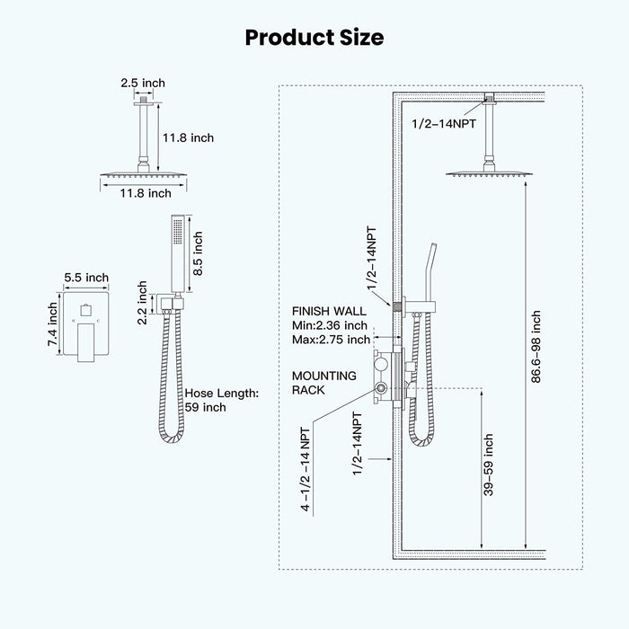 gotonovo Ceiling Mount Rainfall Shower System with Square Shower Head with Handheld shower and Pressure Balance Shower Valve Kit Luxury Rain Mixer Shower Combo Set Bathroom