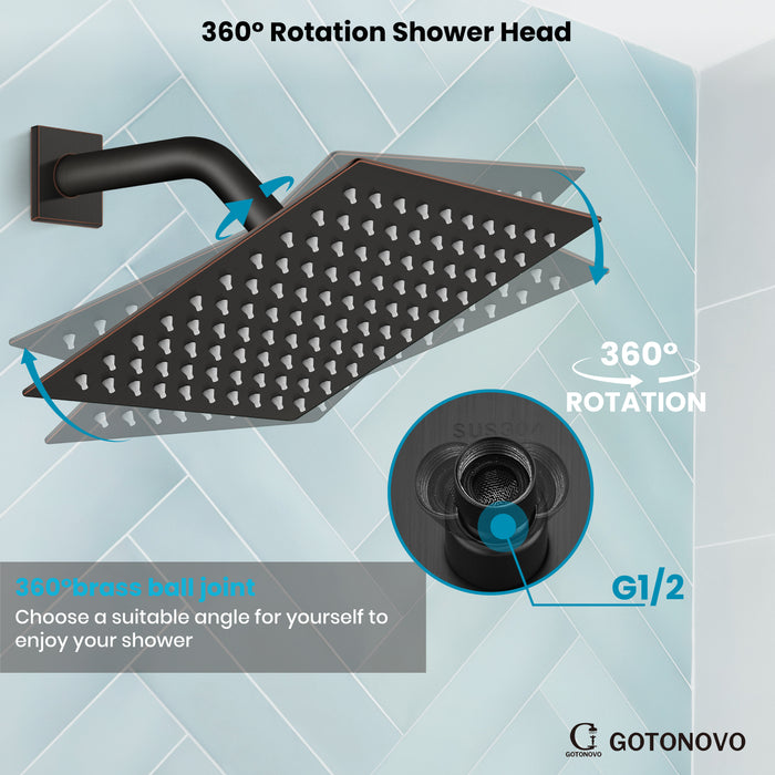 gotonovo Bathroom Rainfall Square Shower Head Ultra-Thin Design SUS304 Stainless Steel High Pressure 360 Degree Free Rotation