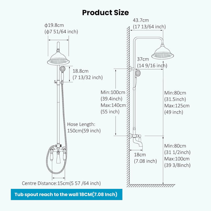 gotonovo 8 Inch Exposed Bathroom Shower System Round Shower Head with Adjustable Handheld Spray Wall Mounted Double Lever Handles Shower Fixture set Triple Function with Tub Spout