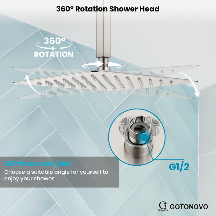 gotonovo Bathroom Rainfall Square Shower Head Ultra-Thin Design SUS304 Stainless Steel High Pressure 360 Degree Free Rotation