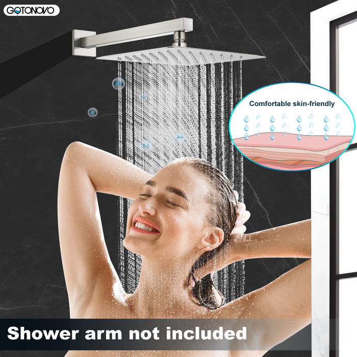 gotonovo Rainfall Showerhead 12 Inch Square Stainless Steel Rain Shower Head Waterfall High Pressure Crackproof Coverage with Silicone Nozzle 1/16" Ultra Thin Design Swivel Connector