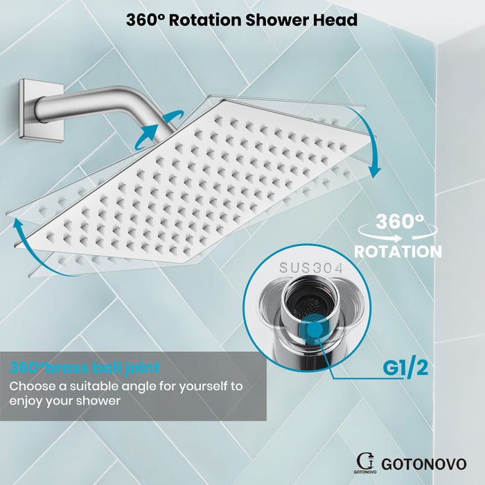 gotonovo Bathroom Rainfall Square Shower Head Ultra-Thin Design SUS304 Stainless Steel High Pressure 360 Degree Free Rotation